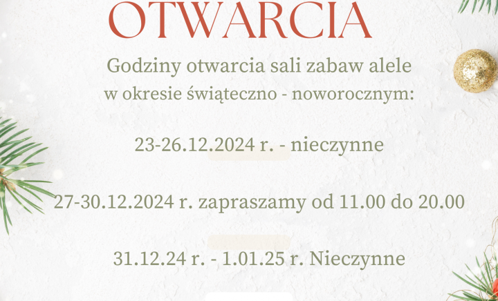 Godziny otwarcia sali zabaw w okresie świąteczno-noworocznym